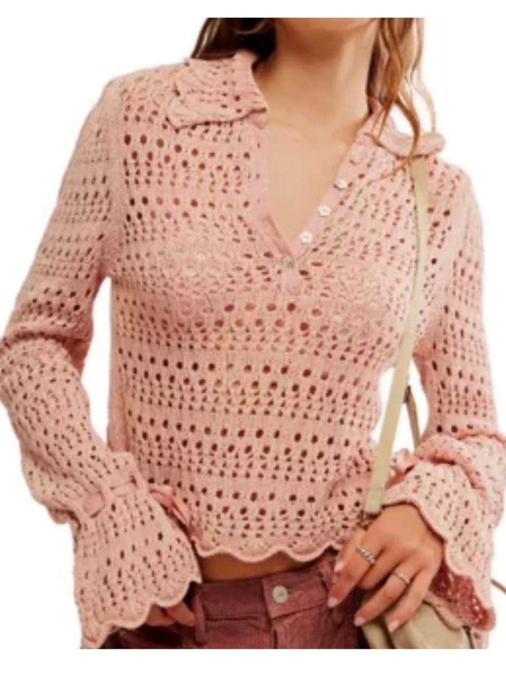 Free People NEW Crochet pink Henley top shirt with ribbon ties fairy cottage NWT
